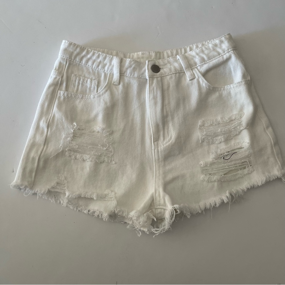 White Distressed Denim Girls Shorts